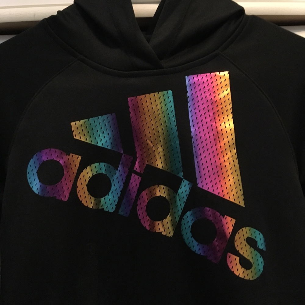 Adidas kids black hoodie with rainbow font